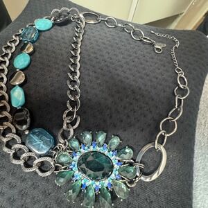 Chunky Statement Necklace Turquoise Blue Gemstone Multi‎ Chain Toggle Clasp NY